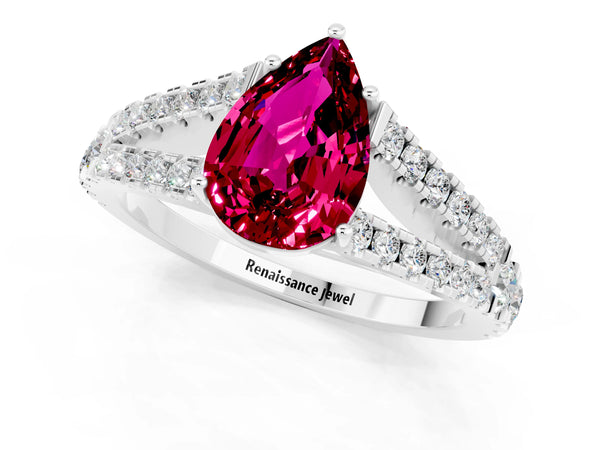 Silver Pear Cut Garnet Split Shank Engagement Ring with Round Pavé and Prong Setting