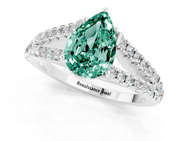 Silver Pear Cut Green Sapphire Split Shank Engagement Ring with Round Pavé and Prong Setting