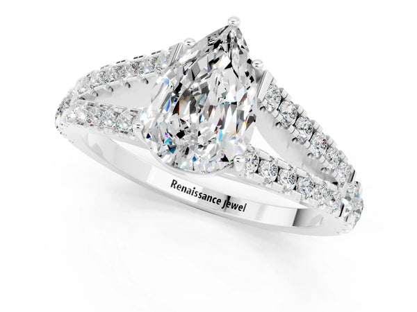 Silver Pear Cut Moissanite Split Shank Engagement Ring with Round Pavé and Prong Setting