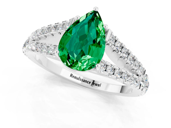 Platinum Pear Cut Emerald Split Shank Engagement Ring with Round Pavé and Prong Setting