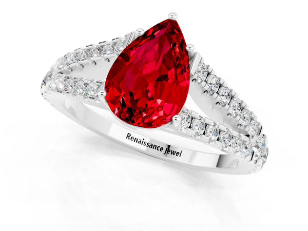 Silver Pear Cut Ruby Split Shank Engagement Ring with Round Pavé and Prong Setting