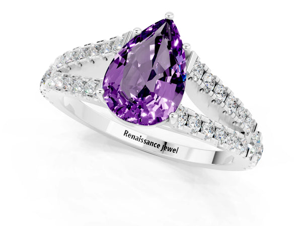 Silver Pear Cut Amethyst Split Shank Engagement Ring with Round Pavé and Prong Setting