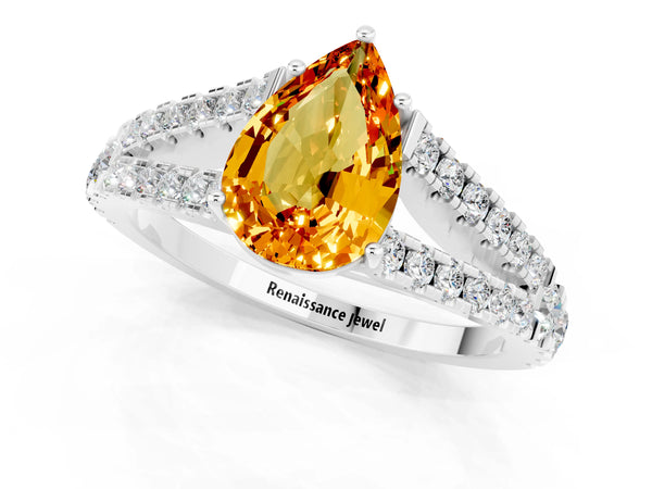 Silver Pear Cut Citrine Split Shank Engagement Ring with Round Pavé and Prong Setting