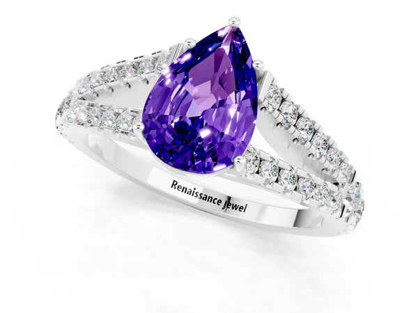 Silver Pear Cut Tanzanite Split Shank Engagement Ring with Round Pavé and Prong Setting