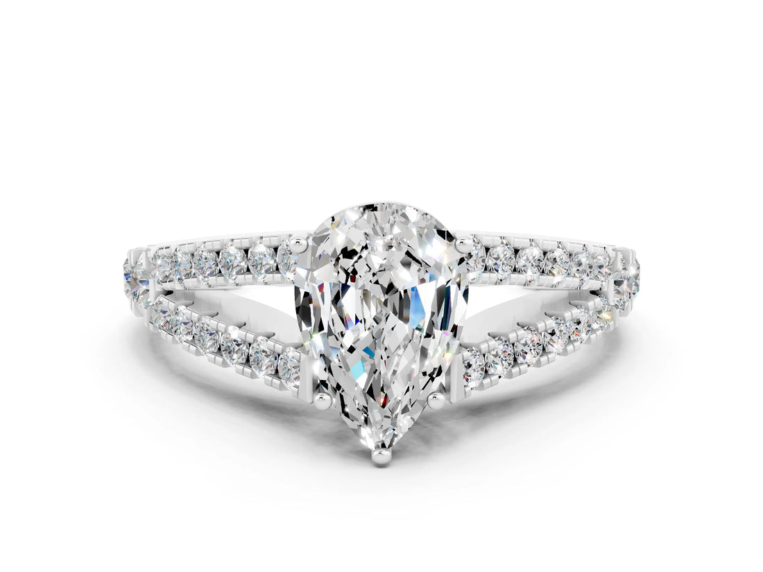 White gold Pear Cut Cut Split Shank Pave Diamond Engagement Ring with Four-Prong Setting