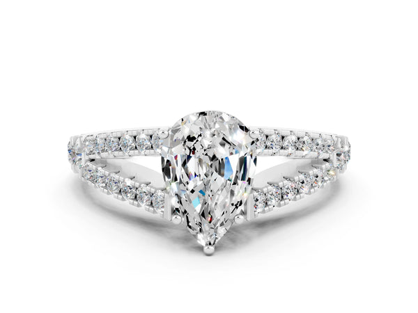Platinum Pear Cut Moissanite Split Shank Engagement Ring with Round Pavé and Prong Setting