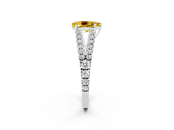 White gold Pear Cut Yellow Sapphire Split Shank Engagement Ring with Round Pavé and Prong Setting
