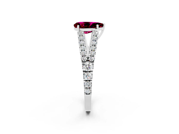 Silver Pear Cut Garnet Split Shank Engagement Ring with Round Pavé and Prong Setting