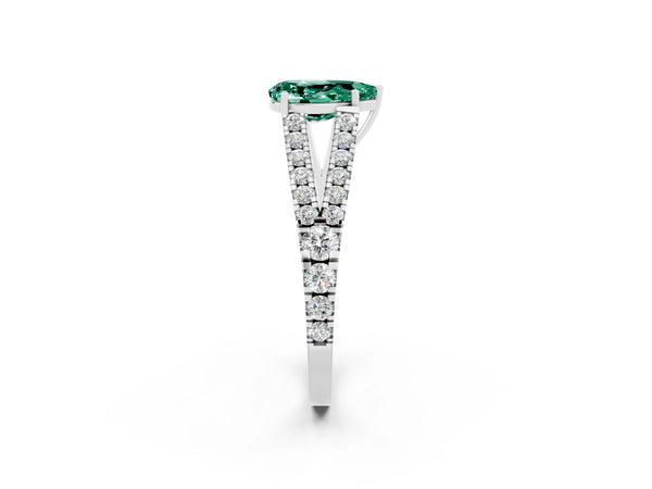 Platinum Pear Cut Green Sapphire Split Shank Engagement Ring with Round Pavé and Prong Setting