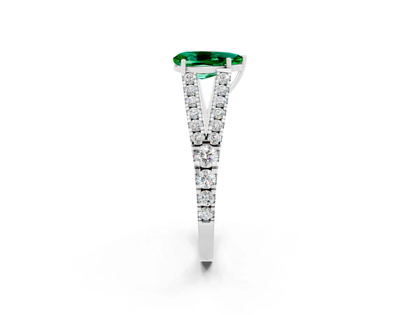 Platinum Pear Cut Emerald Split Shank Engagement Ring with Round Pavé and Prong Setting