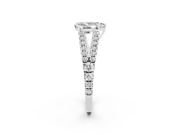 Platinum Pear Cut Moissanite Split Shank Engagement Ring with Round Pavé and Prong Setting