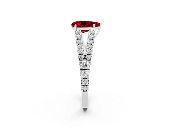 Silver Pear Cut Ruby Split Shank Engagement Ring with Round Pavé and Prong Setting