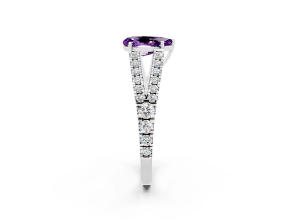 Silver Pear Cut Amethyst Split Shank Engagement Ring with Round Pavé and Prong Setting