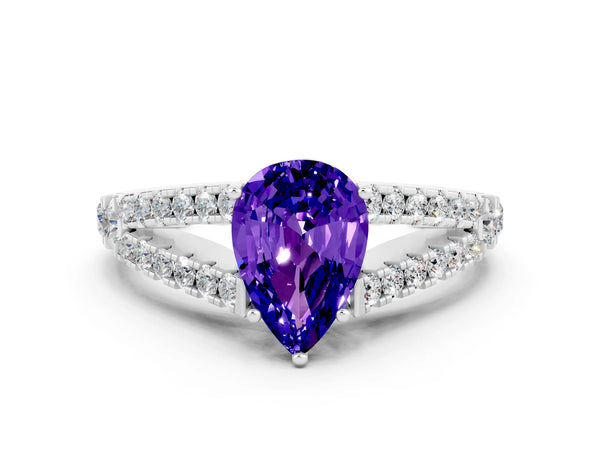 Silver Pear Cut Tanzanite Split Shank Engagement Ring with Round Pavé and Prong Setting