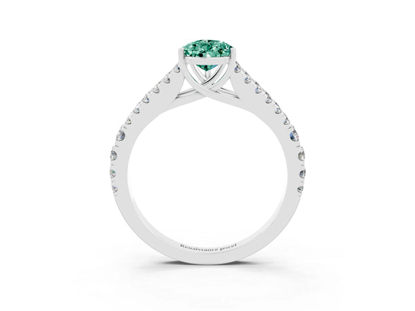 Platinum Pear Cut Green Sapphire Split Shank Engagement Ring with Round Pavé and Prong Setting