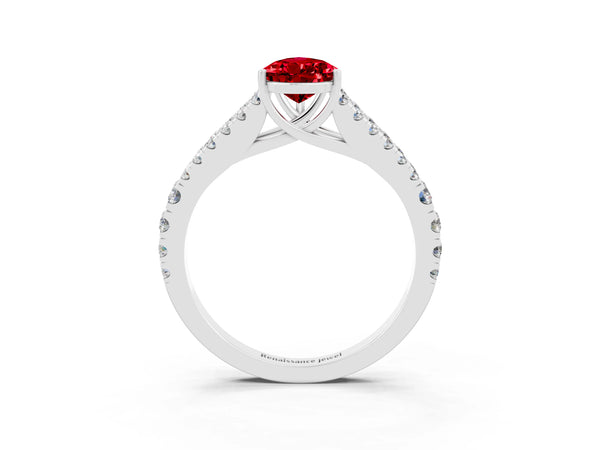 Platinum Pear Cut Ruby Split Shank Engagement Ring with Round Pavé and Prong Setting