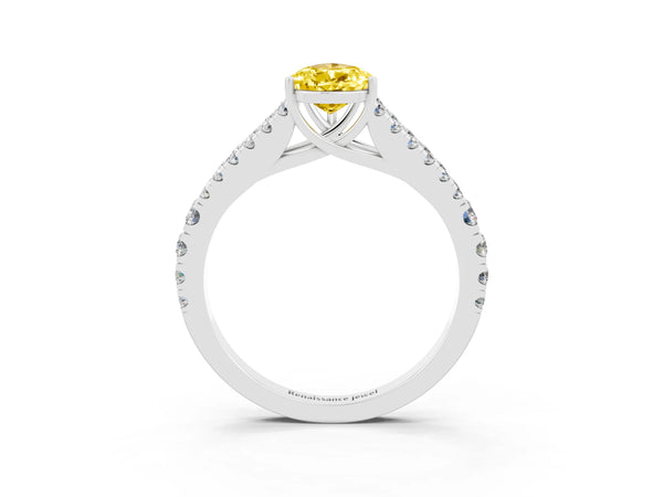 White gold Pear Cut Yellow Sapphire Split Shank Engagement Ring with Round Pavé and Prong Setting