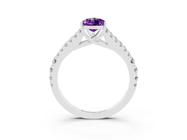 Silver Pear Cut Amethyst Split Shank Engagement Ring with Round Pavé and Prong Setting