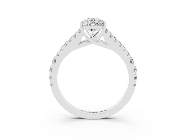Silver Pear Cut Moissanite Split Shank Engagement Ring with Round Pavé and Prong Setting