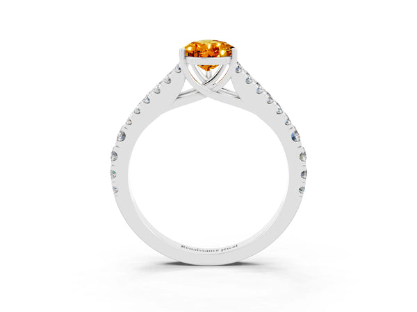 Silver Pear Cut Citrine Split Shank Engagement Ring with Round Pavé and Prong Setting
