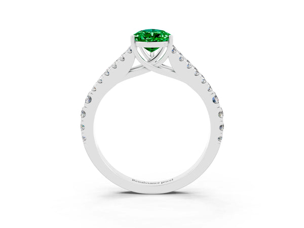 Platinum Pear Cut Emerald Split Shank Engagement Ring with Round Pavé and Prong Setting