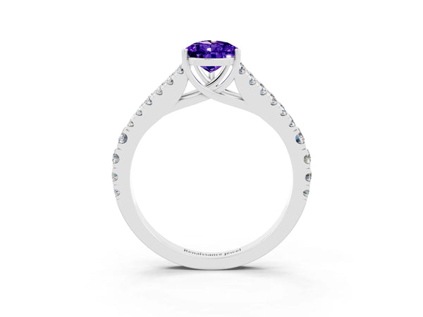 Silver Pear Cut Tanzanite Split Shank Engagement Ring with Round Pavé and Prong Setting