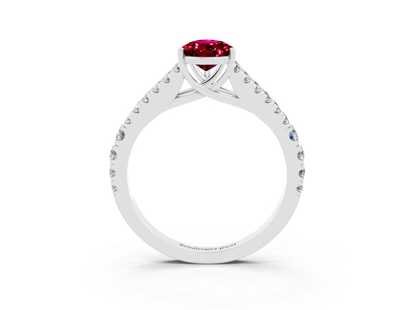 Silver Pear Cut Garnet Split Shank Engagement Ring with Round Pavé and Prong Setting