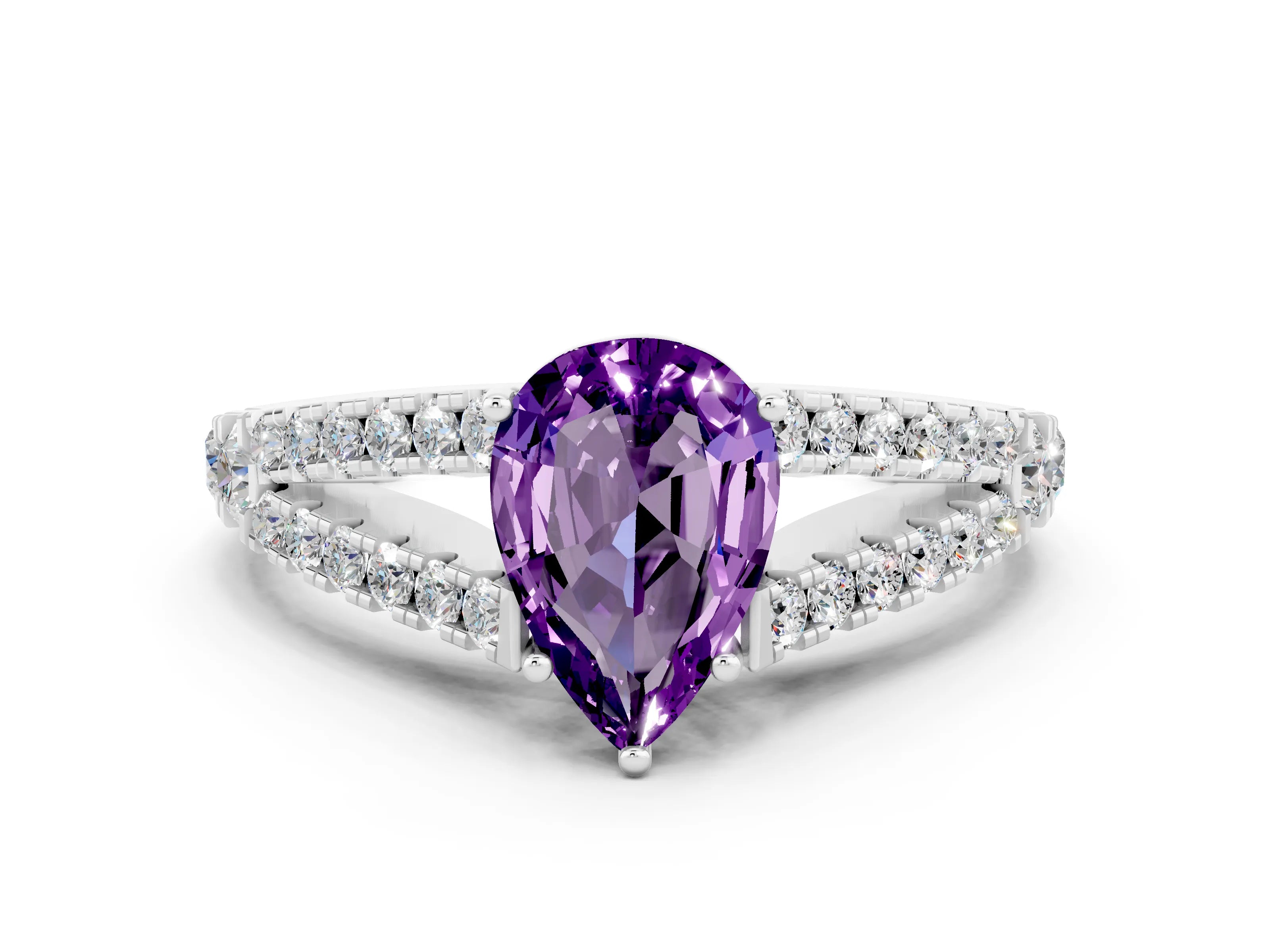 White gold Pear Cut Cut Split Shank Pave Diamond Engagement Ring with Four-Prong Setting