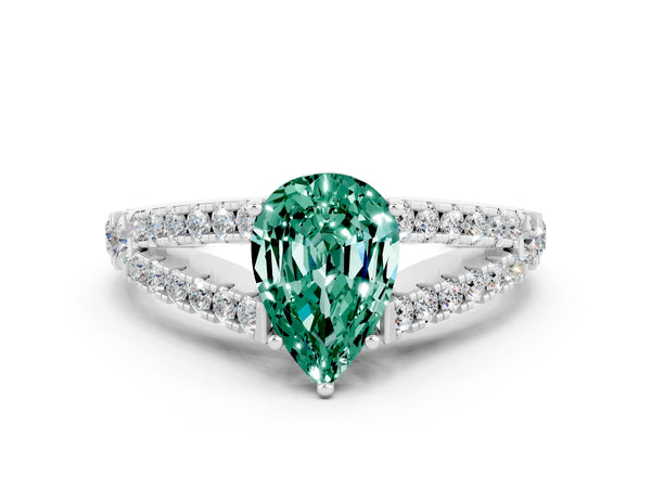 Silver Pear Cut Green Sapphire Split Shank Engagement Ring with Round Pavé and Prong Setting