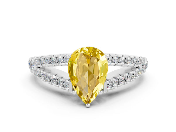 Silver Pear Cut Yellow Sapphire Split Shank Engagement Ring with Round Pavé and Prong Setting