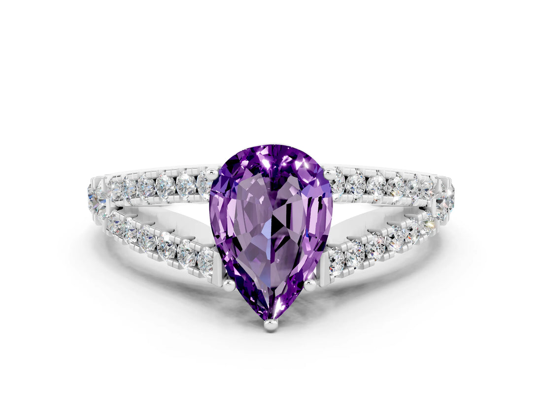 White gold Pear Cut Cut Split Shank Pave Diamond Engagement Ring with Four-Prong Setting