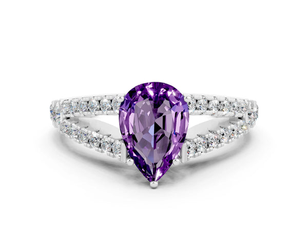Silver Pear Cut Amethyst Split Shank Engagement Ring with Round Pavé and Prong Setting