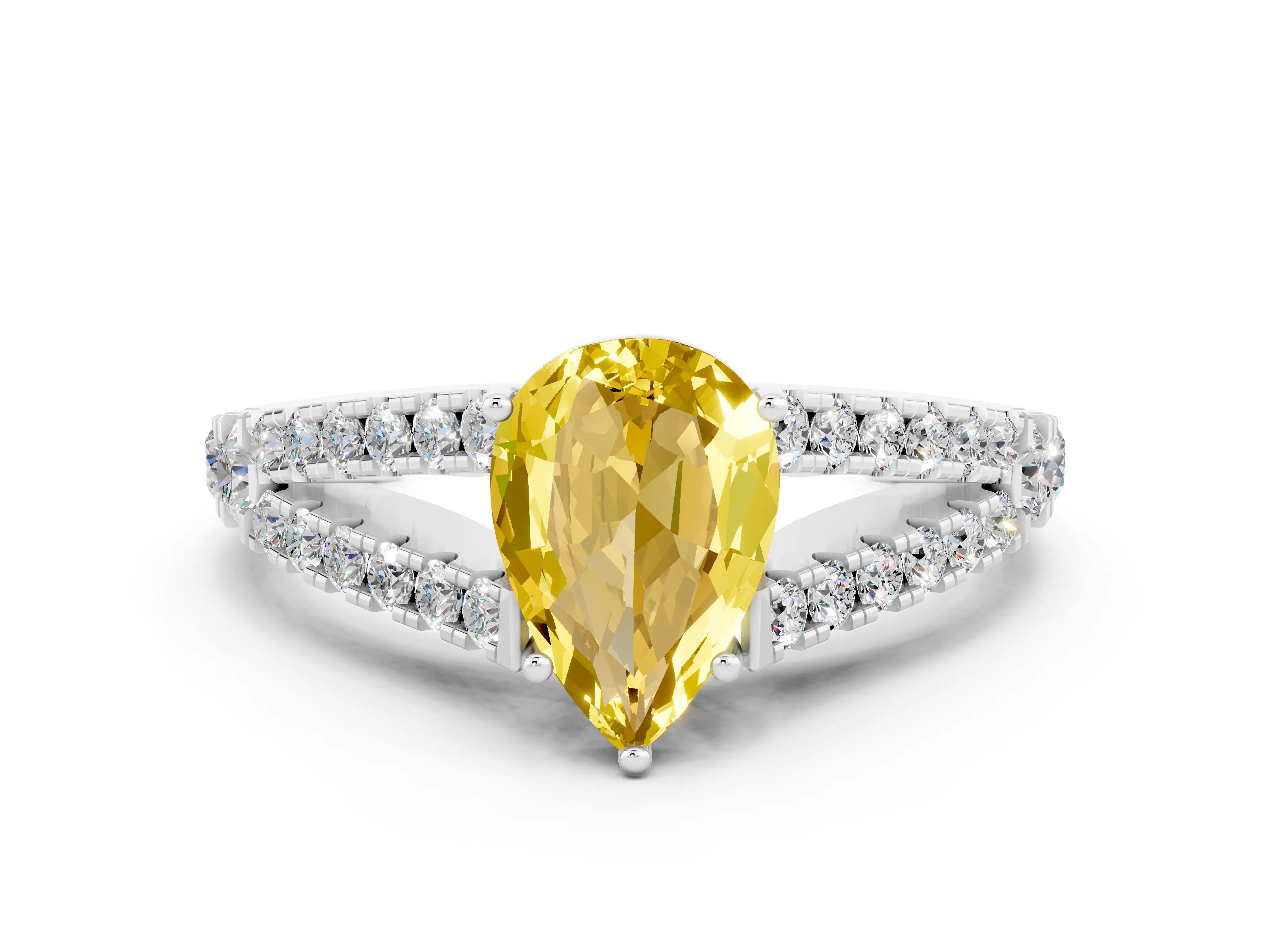 White gold Pear Cut Cut Split Shank Pave Diamond Engagement Ring with Four-Prong Setting