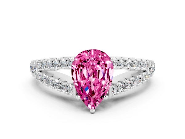 Platinum Pear Cut Cut Split Shank Pave Diamond Engagement Ring with Four-Prong Setting