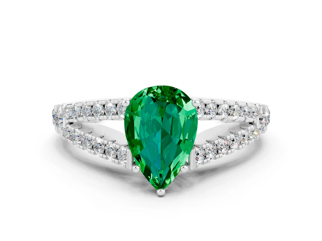White gold Pear Cut Cut Split Shank Pave Diamond Engagement Ring with Four-Prong Setting