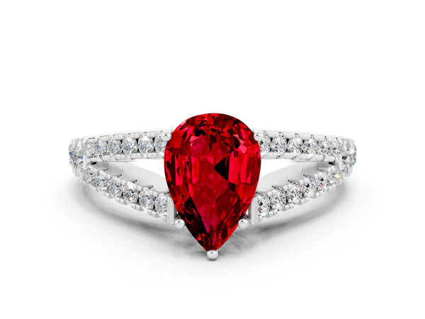Platinum Pear Cut Ruby Split Shank Engagement Ring with Round Pavé and Prong Setting