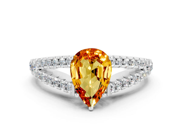 Platinum Pear Cut Citrine Split Shank Engagement Ring with Round Pavé and Prong Setting