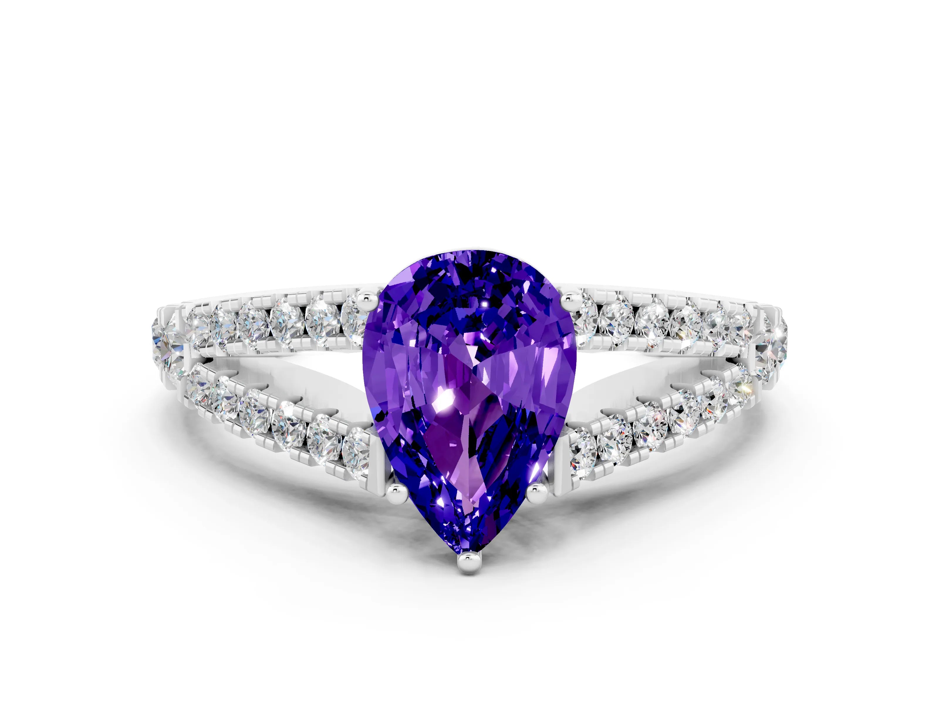 White gold Pear Cut Cut Split Shank Pave Diamond Engagement Ring with Four-Prong Setting