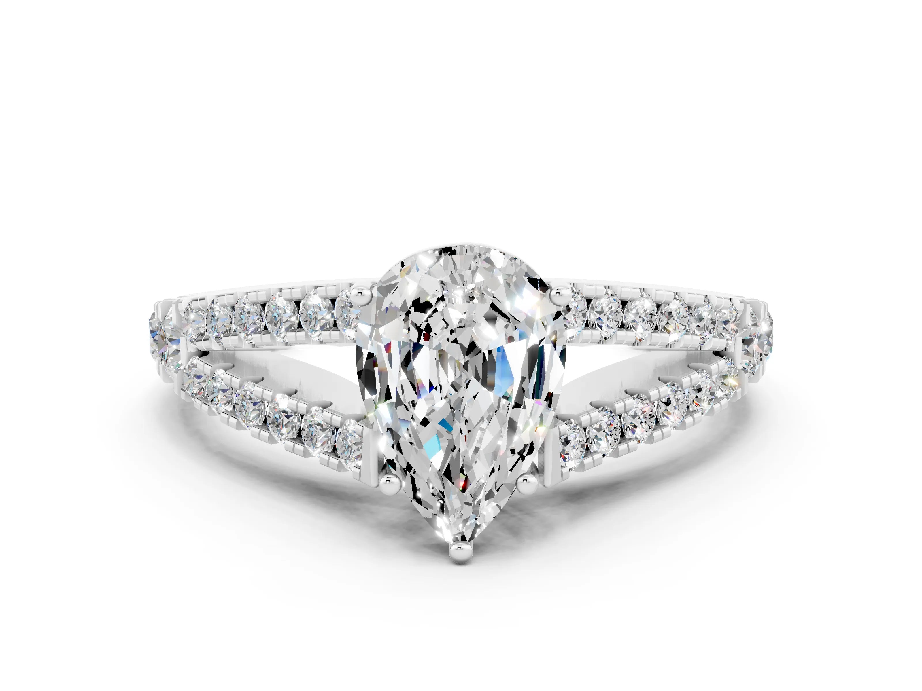 White gold Pear Cut Cut Split Shank Pave Diamond Engagement Ring with Four-Prong Setting