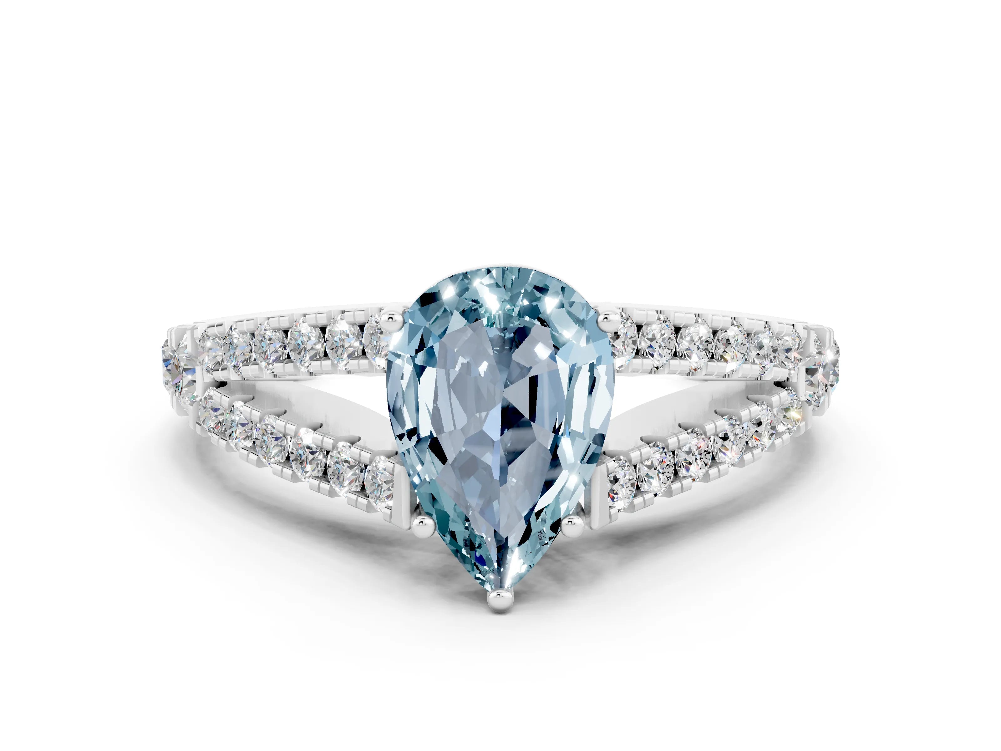 White gold Pear Cut Cut Split Shank Pave Diamond Engagement Ring with Four-Prong Setting