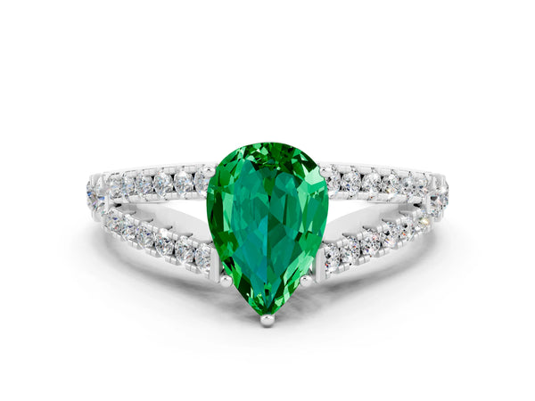 Platinum Pear Cut Emerald Split Shank Engagement Ring with Round Pavé and Prong Setting