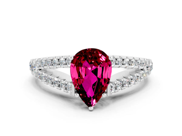 White gold Pear Cut Garnet Split Shank Engagement Ring with Round Pavé and Prong Setting