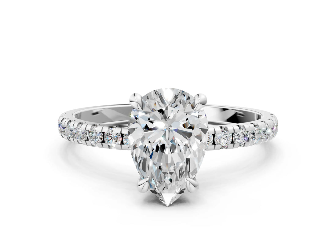 White gold Pear Cut Diamond Brilliant Solitaire Ring with Pavé Band and Four-Prong Setting_149