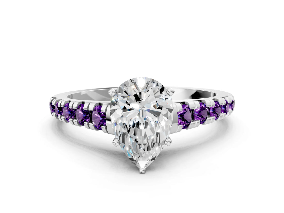 White gold Pear Cut Diamond Cathedral Solitaire Ring with Round with Amethyst side stone Pavé Band_12