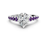 White gold Pear Cut Diamond Cathedral Solitaire Ring with Round with Amethyst side stone Pavé Band_12