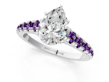 White gold Pear Cut Diamond Cathedral Solitaire Ring with Round with Amethyst side stone Pavé Band_13