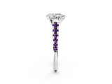 White gold Pear Cut Diamond Cathedral Solitaire Ring with Round with Amethyst side stone Pavé Band_14