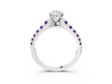 White gold Pear Cut Diamond Cathedral Solitaire Ring with Round with Amethyst side stone Pavé Band_15