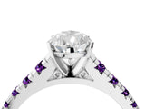 White gold Pear Cut Diamond Cathedral Solitaire Ring with Round with Amethyst side stone Pavé Band_16