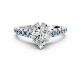 White gold Pear Cut Diamond Cathedral Solitaire Ring with Round with Aquamarine side stone Pavé Band_12